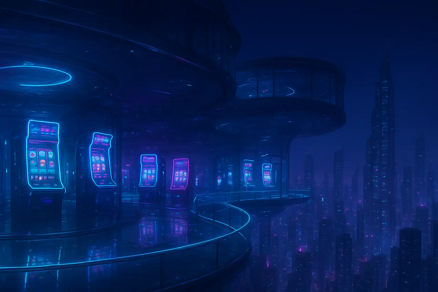 MetroBetz Skyline Nexus futuristic casino floating above a glowing megacity skyline