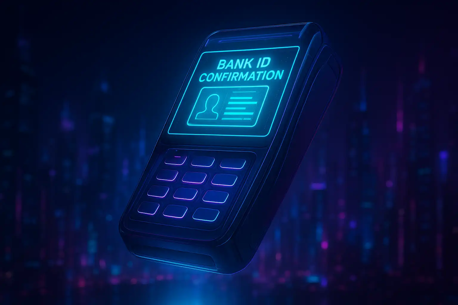 Neon Pay n Play payment terminal floating above the MetroBetz skyline