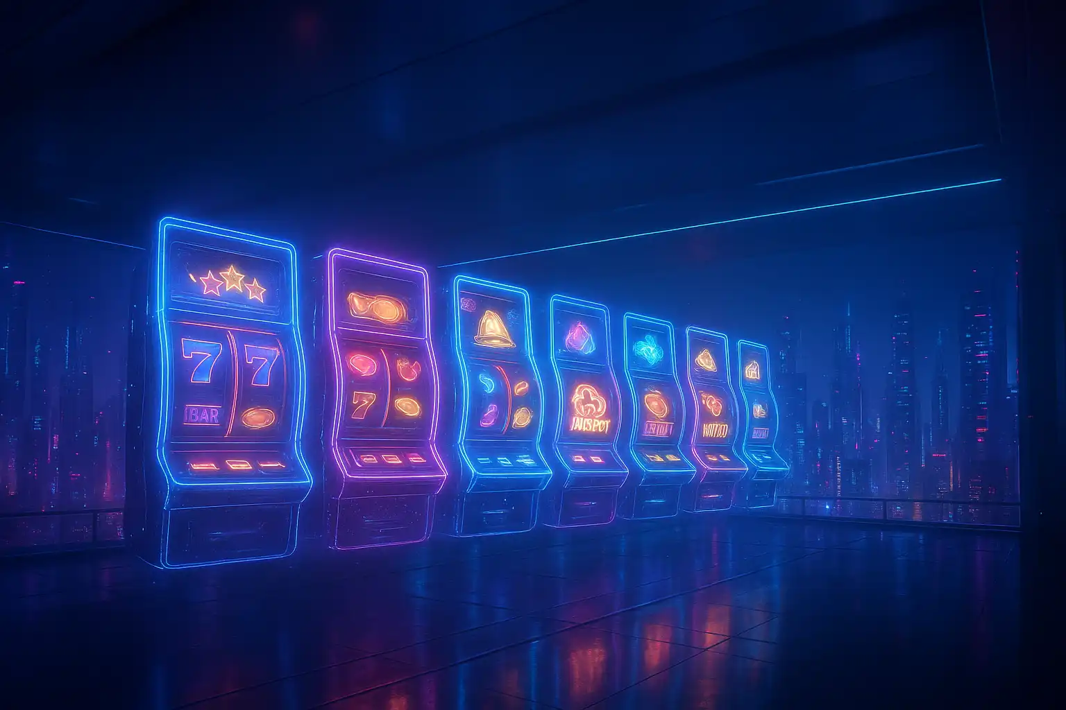 Holographic slot machines glowing above the MetroBetz skyline lobby