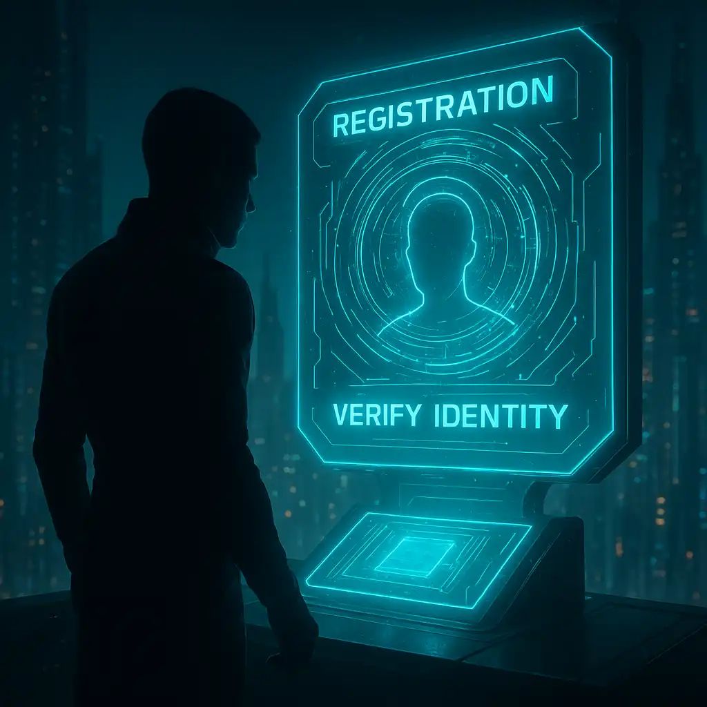 Player registering an account on a holographic terminal