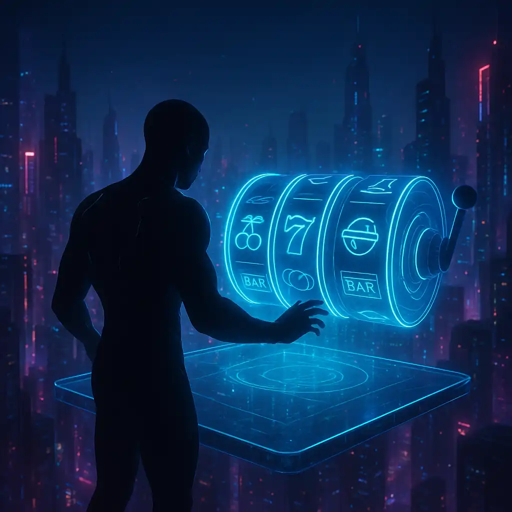 Player spinning holographic slot reels above the city